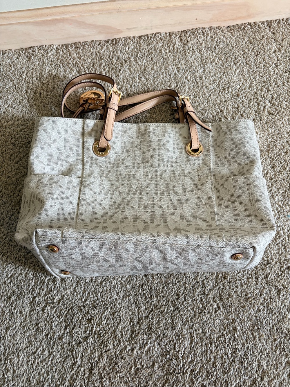 Michael Kors Cream Signature MK Canvas Tote with Tan Leather Handles